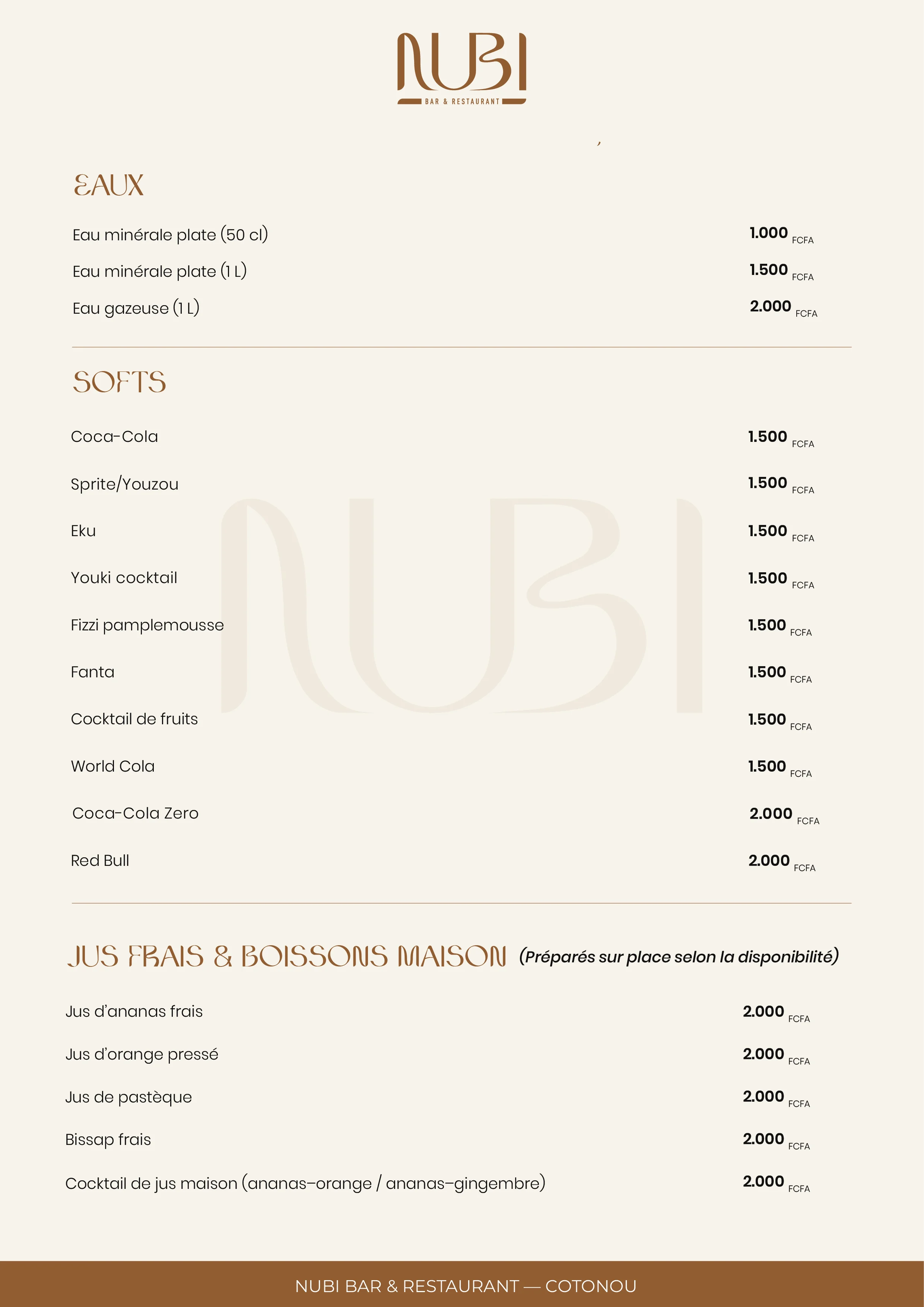 Page 3 du menu des boissons Nubi