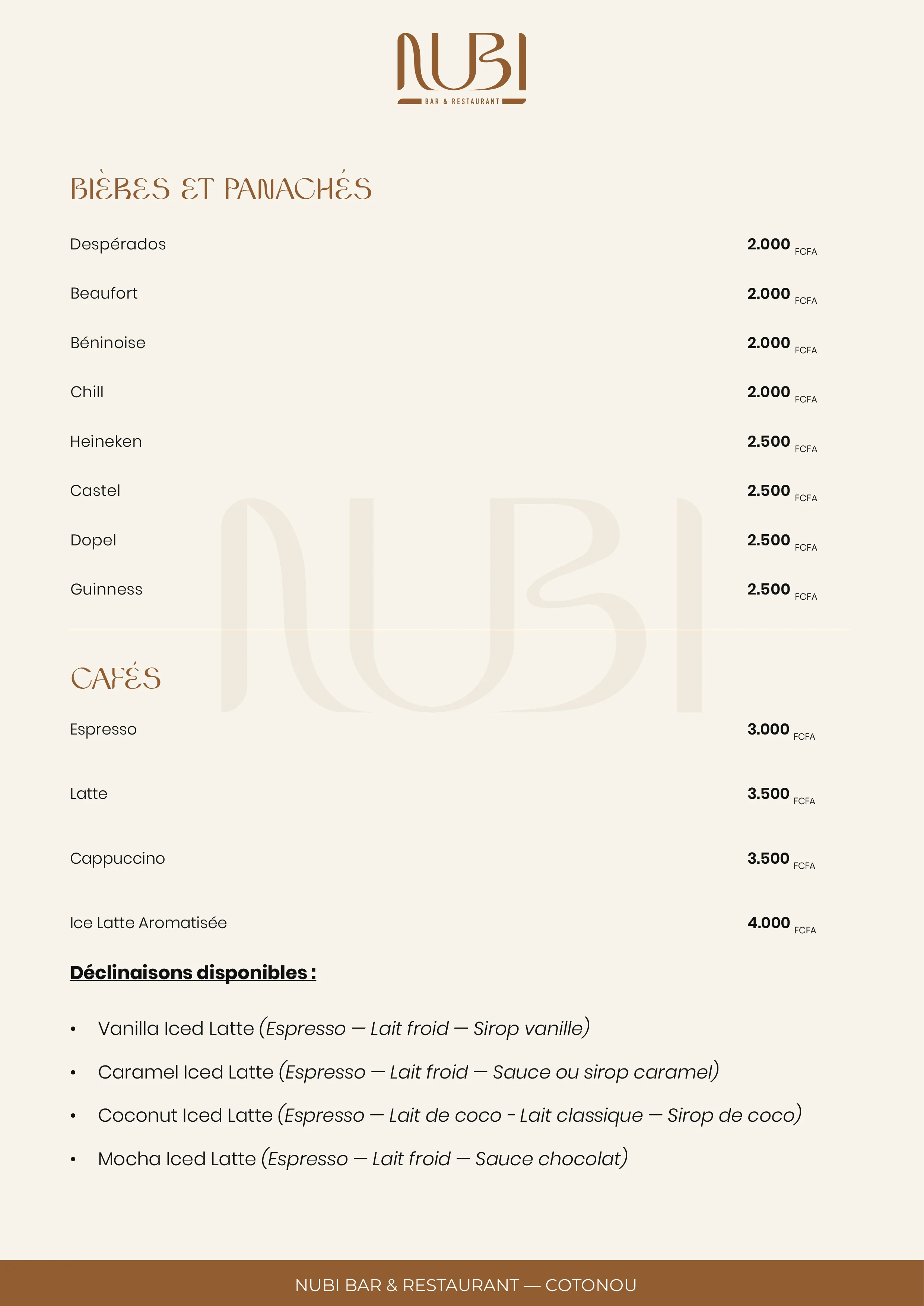 Page 4 du menu des boissons Nubi