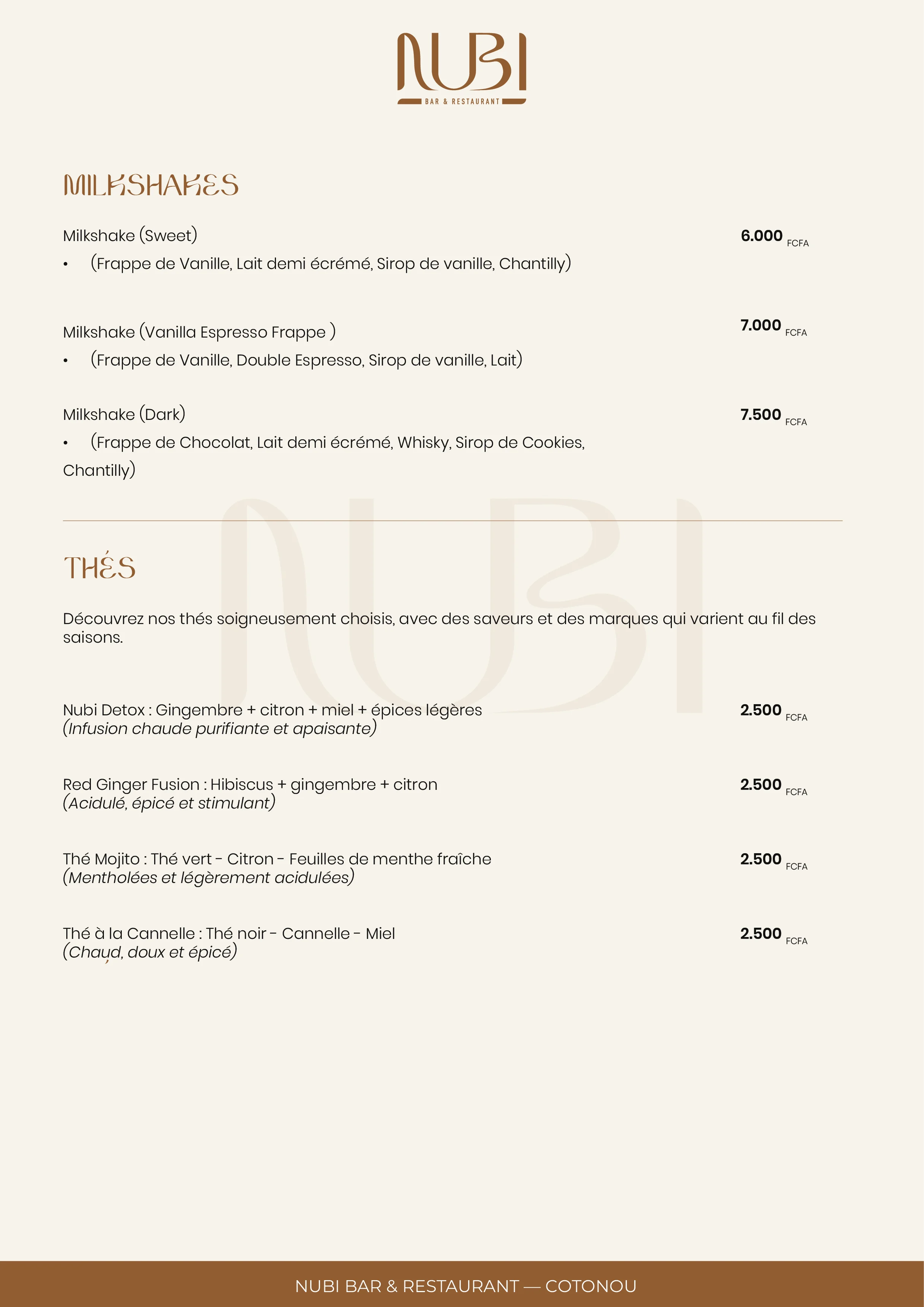 Page 5 du menu des boissons Nubi