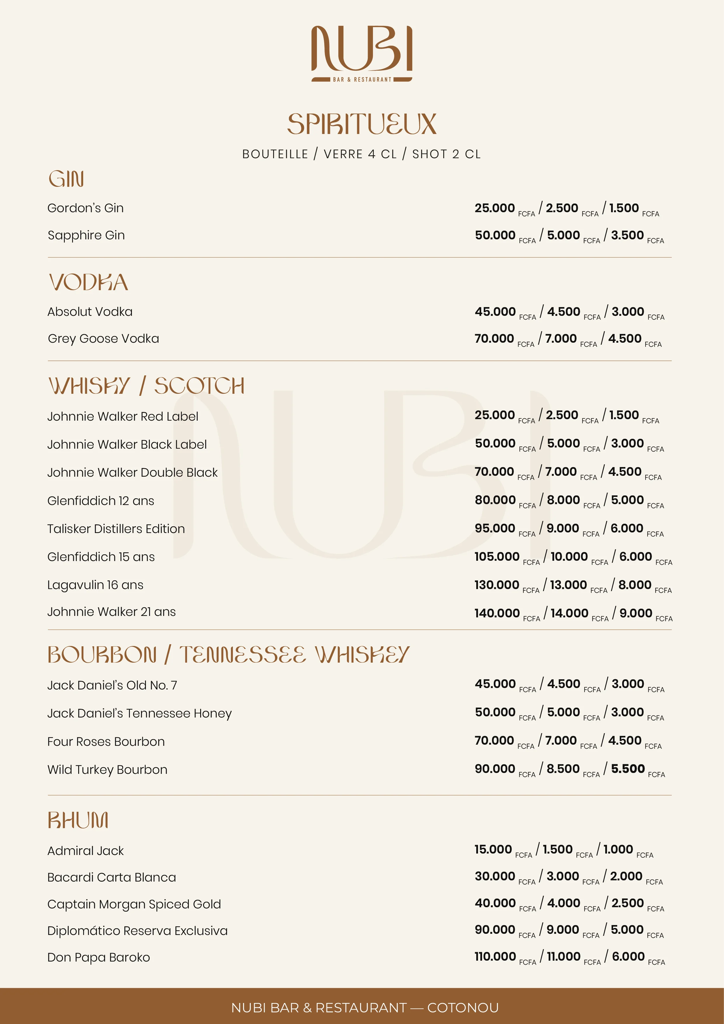 Page 6 du menu des boissons Nubi