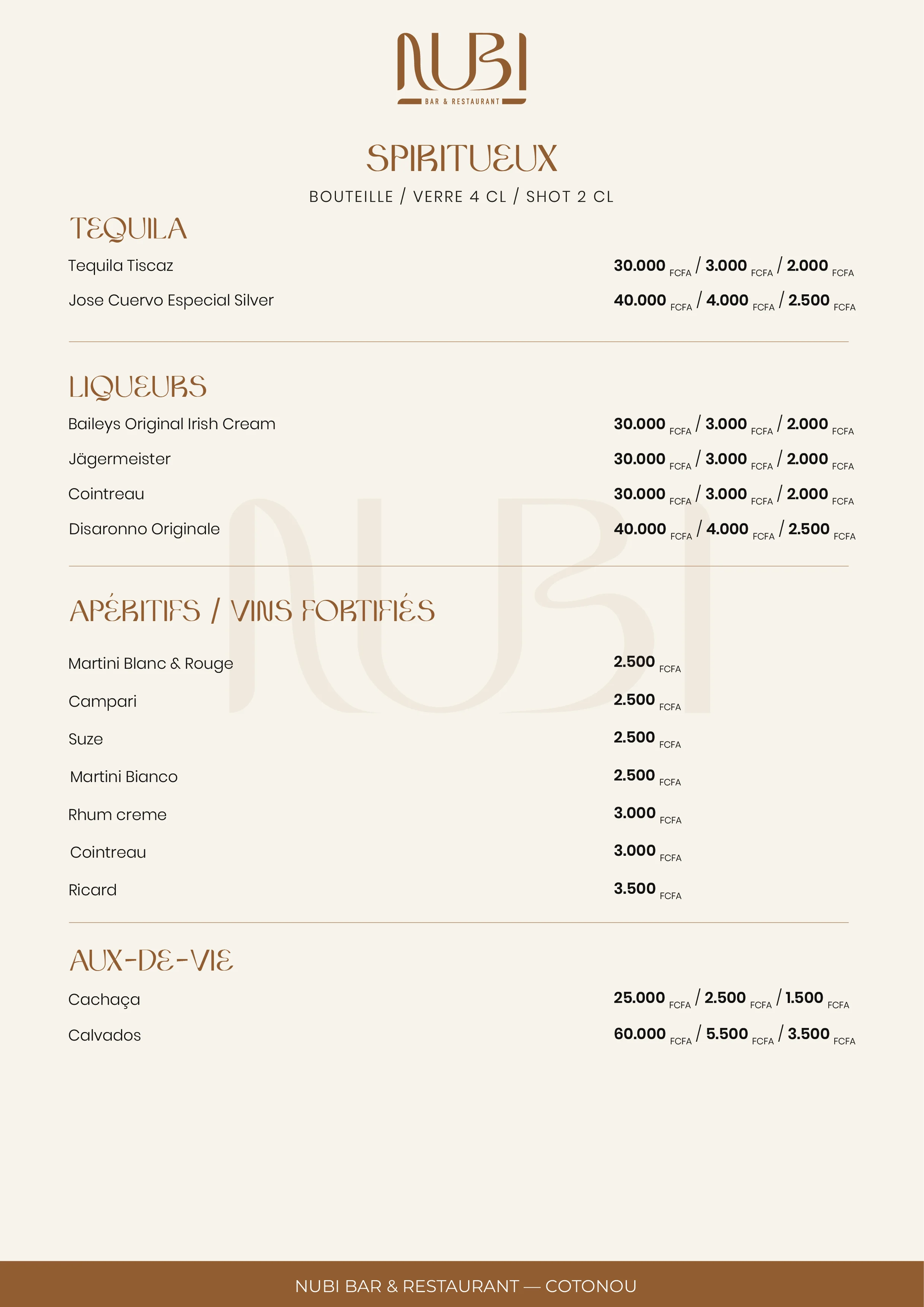 Page 7 du menu des boissons Nubi