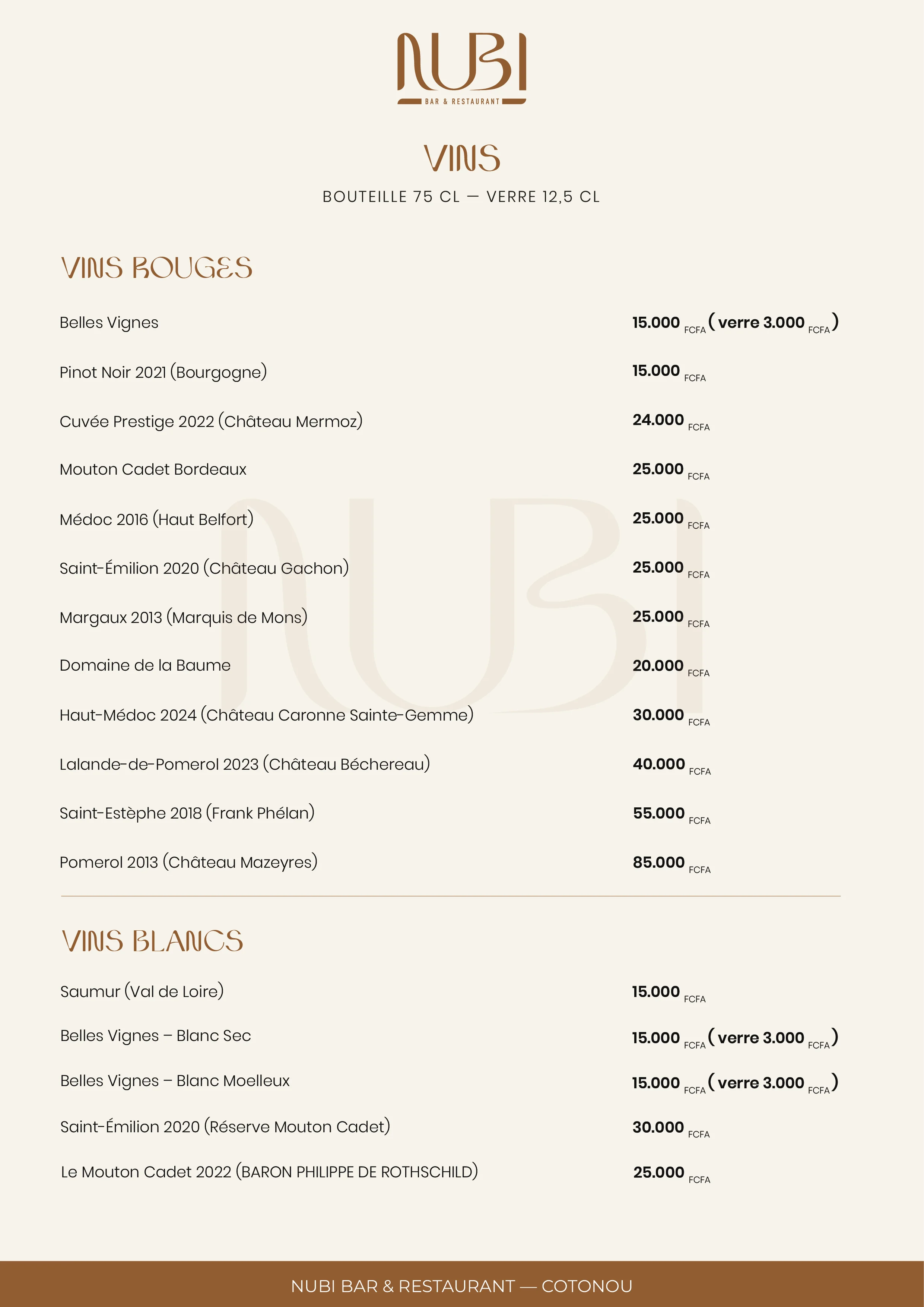 Page 8 du menu des boissons Nubi