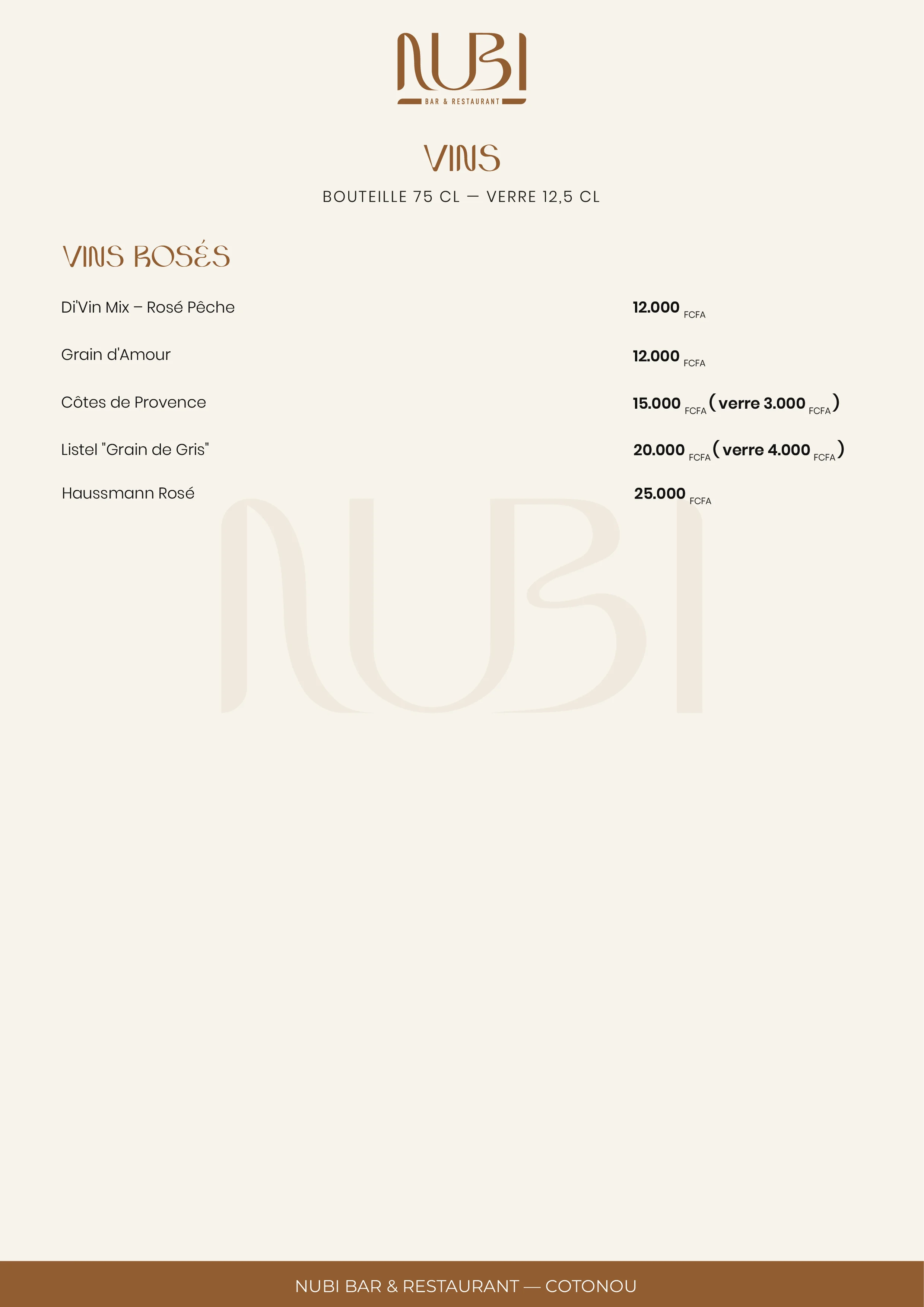 Page 9 du menu des boissons Nubi