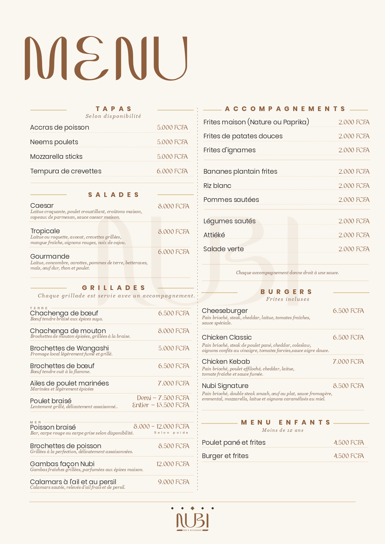 Page 2 du menu nourriture Nubi