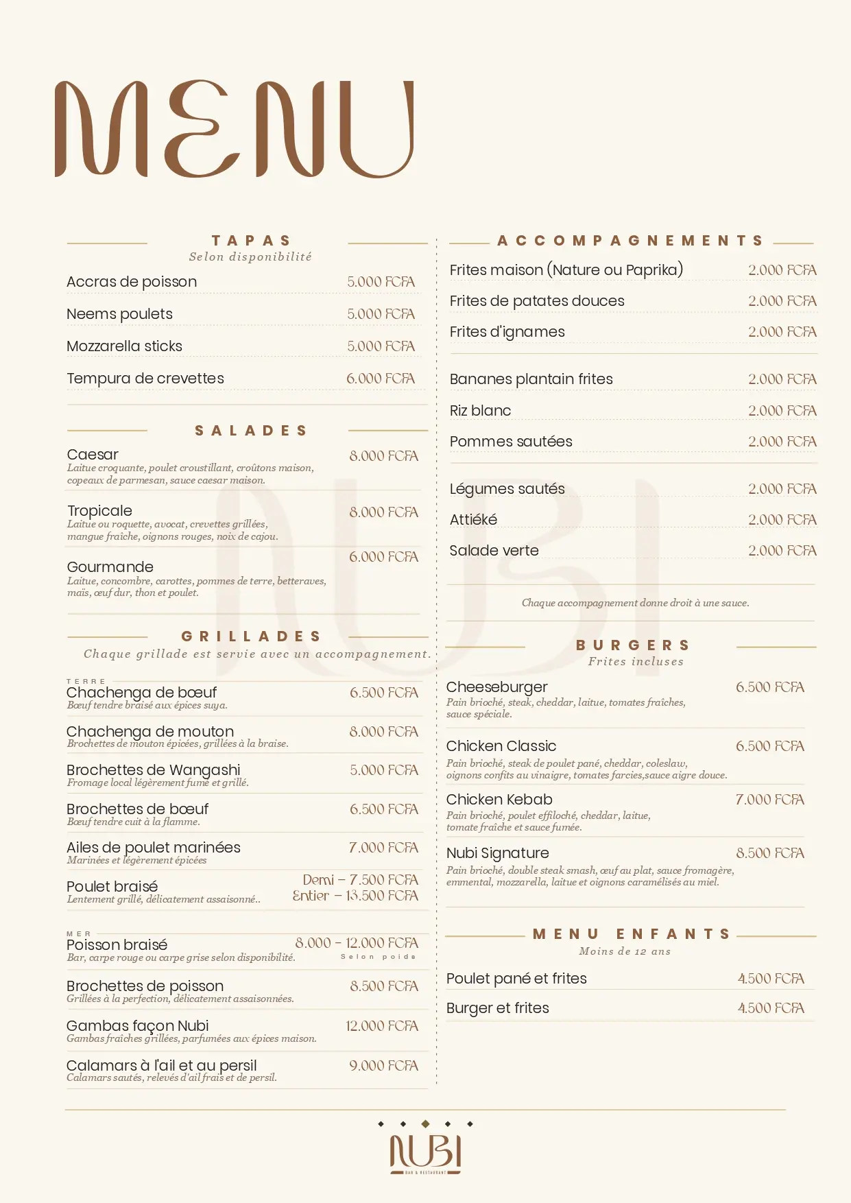 Page 2 du menu nourriture Nubi