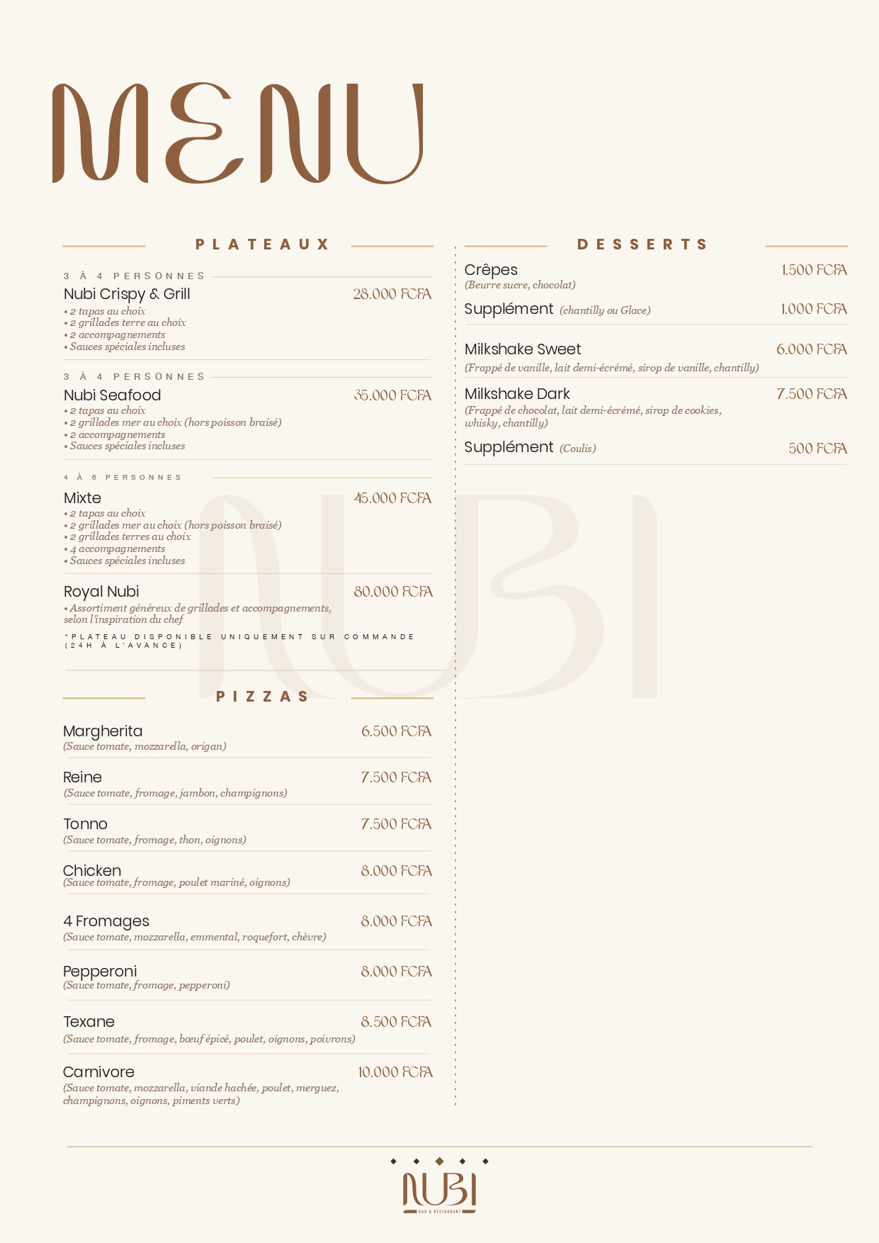 Page 5 du menu nourriture Nubi